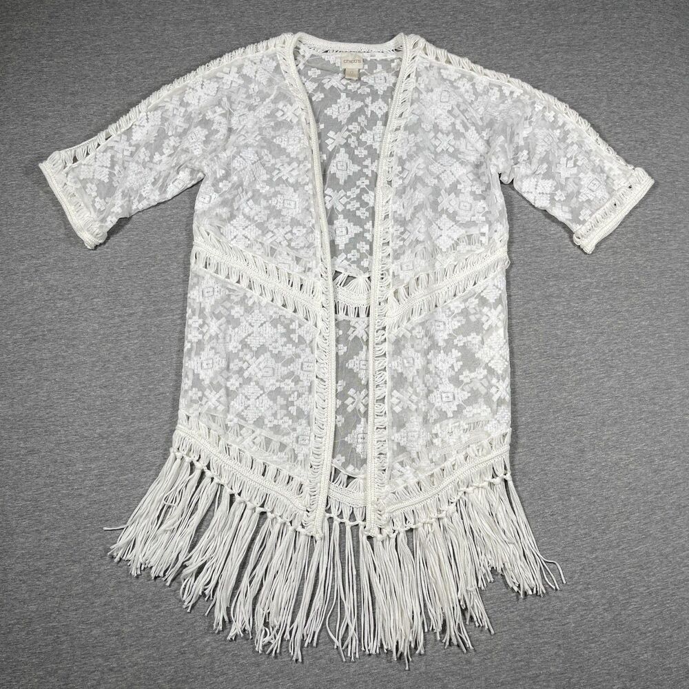 White Crochet Kimono Jacket Womens 0 Fringe Sheer Boho Cover Up Coastal Cowgirl